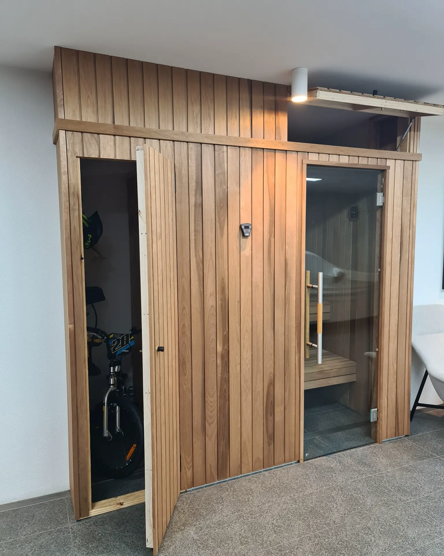 Spacious steam room with premium cedar wood interior